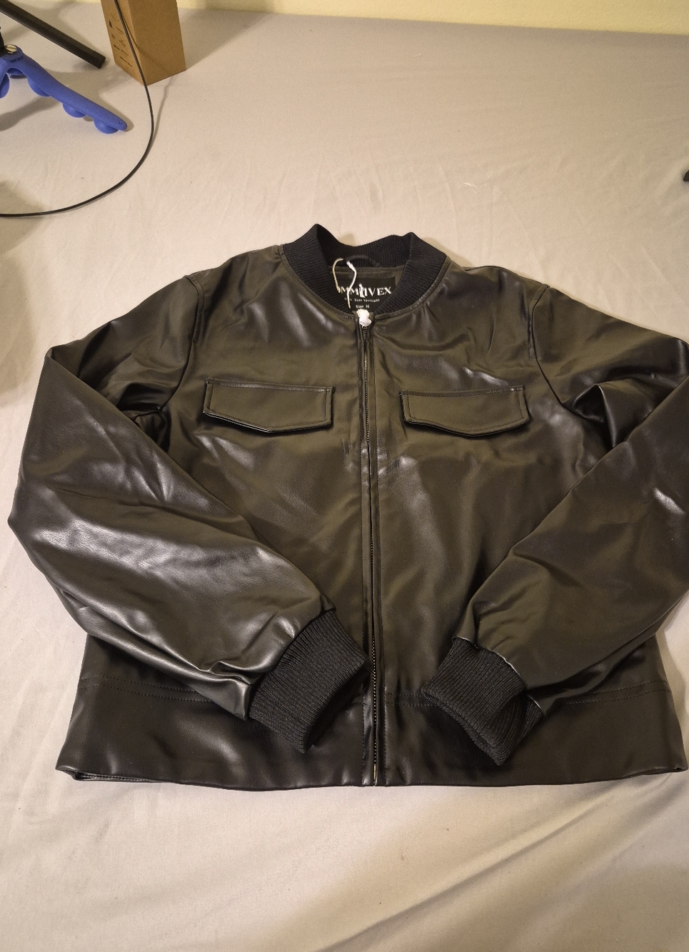 Men's Black Faux Leather Bomber Jacket -